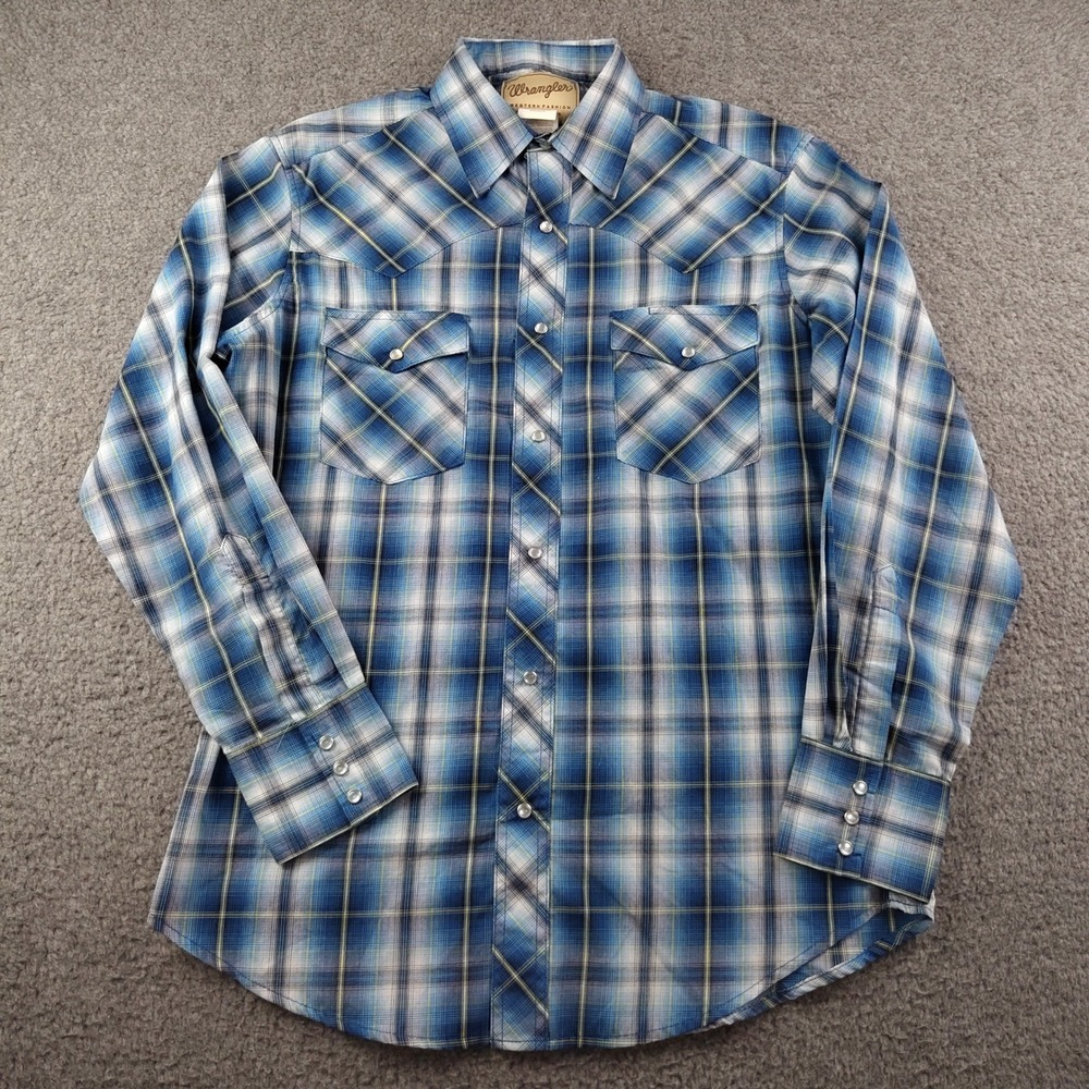 Wrangler Pearl Snap Shirt Mens Medium Western Plaid Blue Long Sleeve EUC
